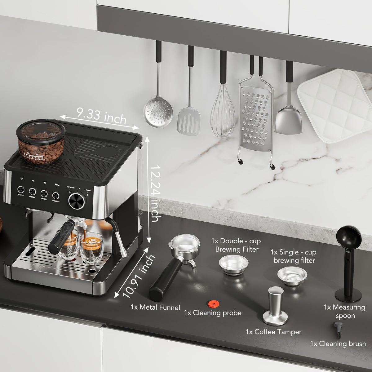 All-In-One Espresso Machine With Built-In Grinder, 15-Bar Pressure, Steam Milk Frother Wand, Cappuccino & Espresso Maker With Hot Water Dispenser