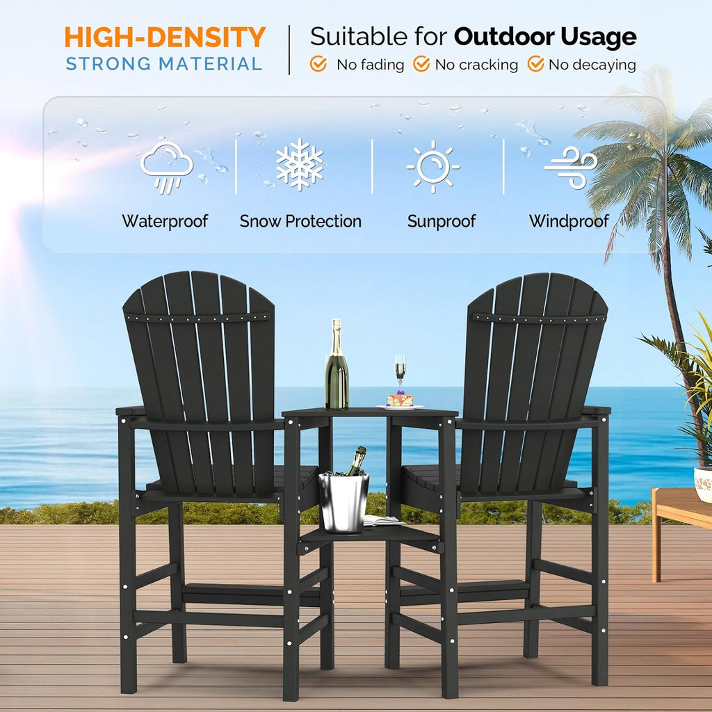 Tall Adirondack Chairs Set of 2 HDPE Balcony Chair with Double Connecting Tray Weather Resistant Outdoor Bar Stools for Patio Deck Lawn Pool Backyard Black