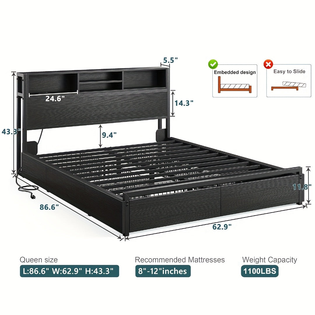Queen/King Size Bed Frame with 6 Storage Large Drawers Forbedroom, Modern Bed Frame And Open Storage Headboard with Fast Charging Station, No Noise, No Box Springs Needed, Black, Easy Assembly, 2pcs Nightstand with 4 Fabric Drawer Sold Separately