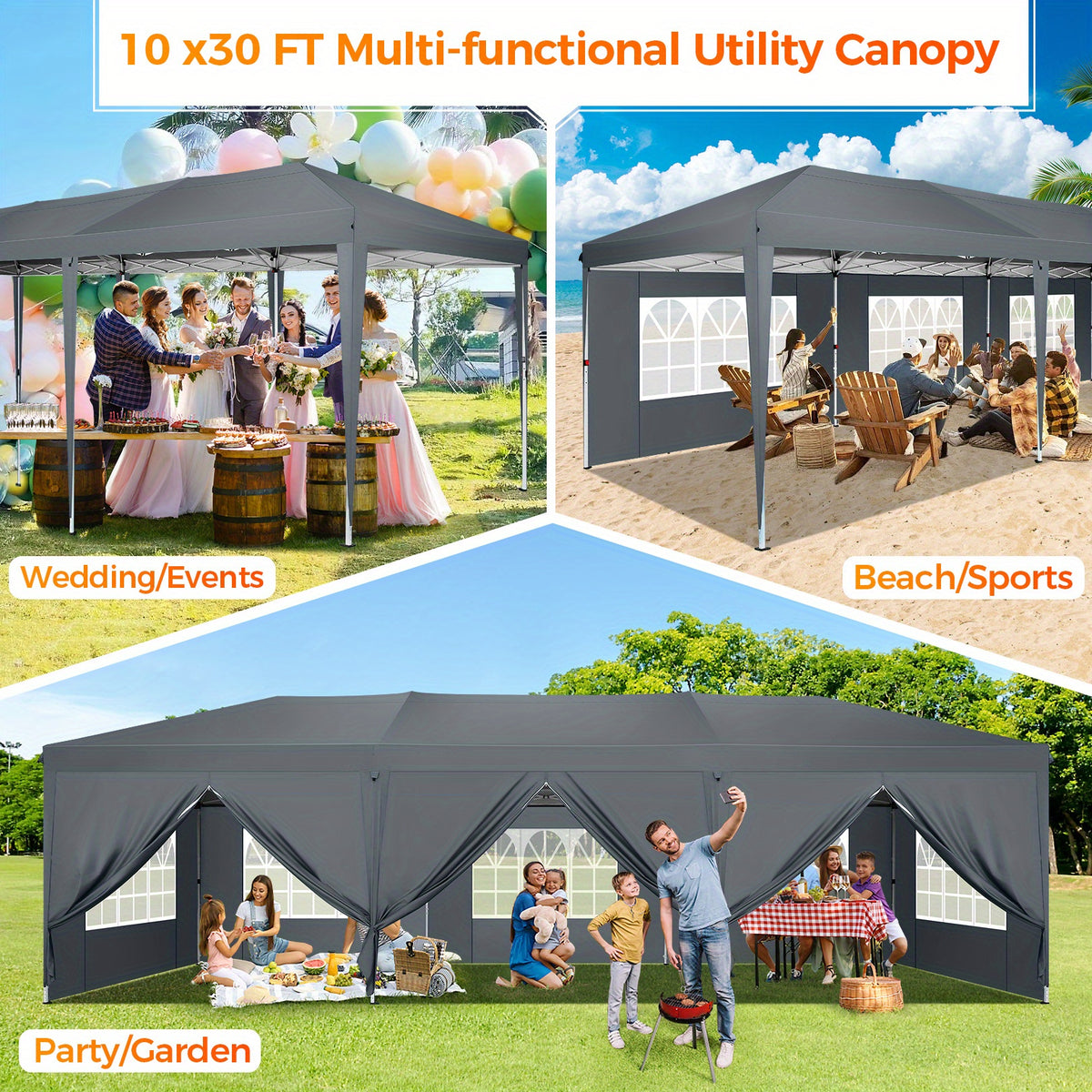 10x30ft/10x20ft Pop-up Canopy Tent, Canopy with 8 Removable Sidewalls, with Sandbags And Carry Bag, Three Adjustable Heights, Perfect for Patios, Lawns And Gardens, Event Parties, Market Stalls