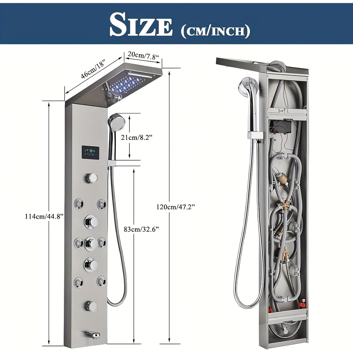 6-Function Modern Shower Panel Tower System with Rainfall Waterfall Shower Head, Handheld Shower & Massage Jets - Brushed Nickel Wall-Mounted Bathtub Faucet Suitable for Bath/Shower, Full Body System with Clarity Basin and Spout