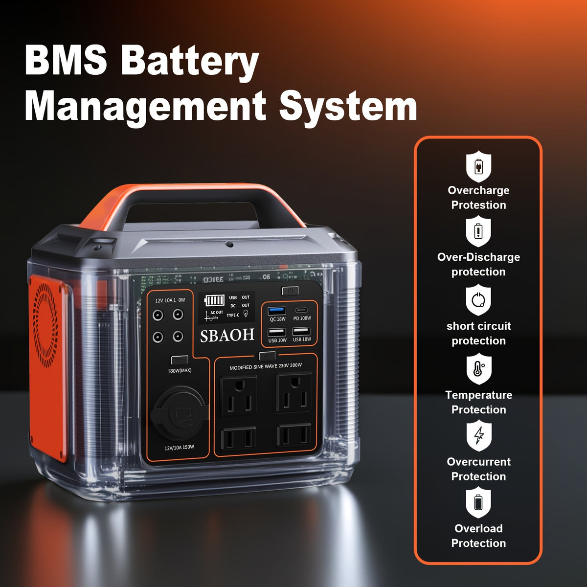 SBAOH Portable Power Station, 300W 296Wh/ 150W 155Wh Power Supply 110V AC Outlet/Fast Charging/Dc Port And LED Flashlight for Family Outdoor Travel Camping Emergency Power Outage, Orange