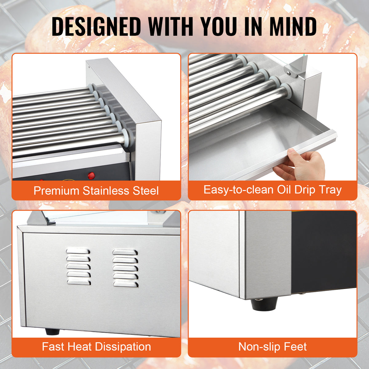 VEVOR Hot Dog Roller 7 Rollers 18 Hot Dogs Capacity 1400W Stainless Sausage Grill Cooker Machine with Dual Temp Control Glass Hood Acrylic Cover Bun Warmer Shelf Removable Oil Drip Tray.