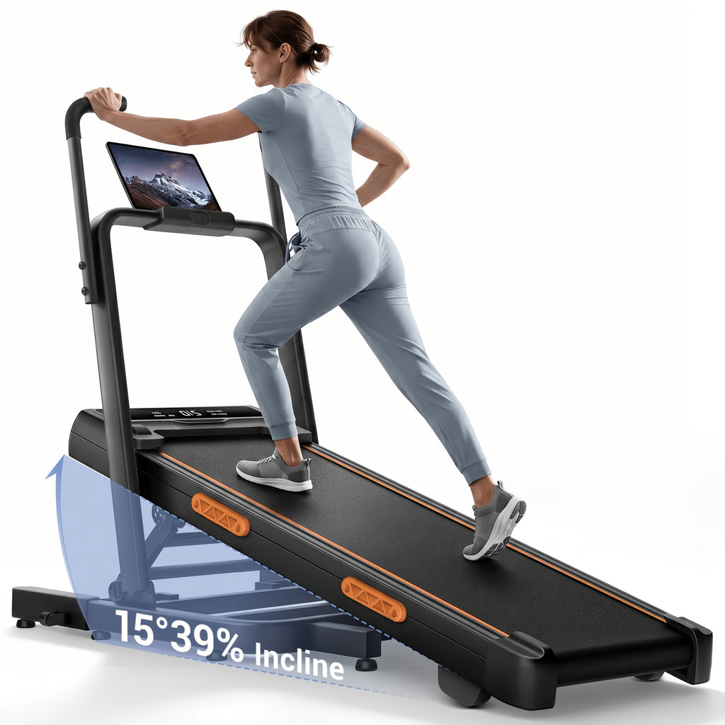 39% Incline Folding Treadmill for Tall Users, 3.0HP Quiet Motor, 350 Lbs Capacity, 6.2 MPH, Elevated Dual Handle Bar and Suction Tablet Holder