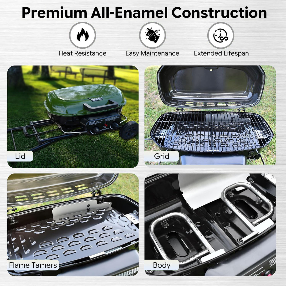 Portable 2-Burner Camping Propane Gas Grill, Enameled Foldable BBQ with Griddle for Outdoor Cooking, Green