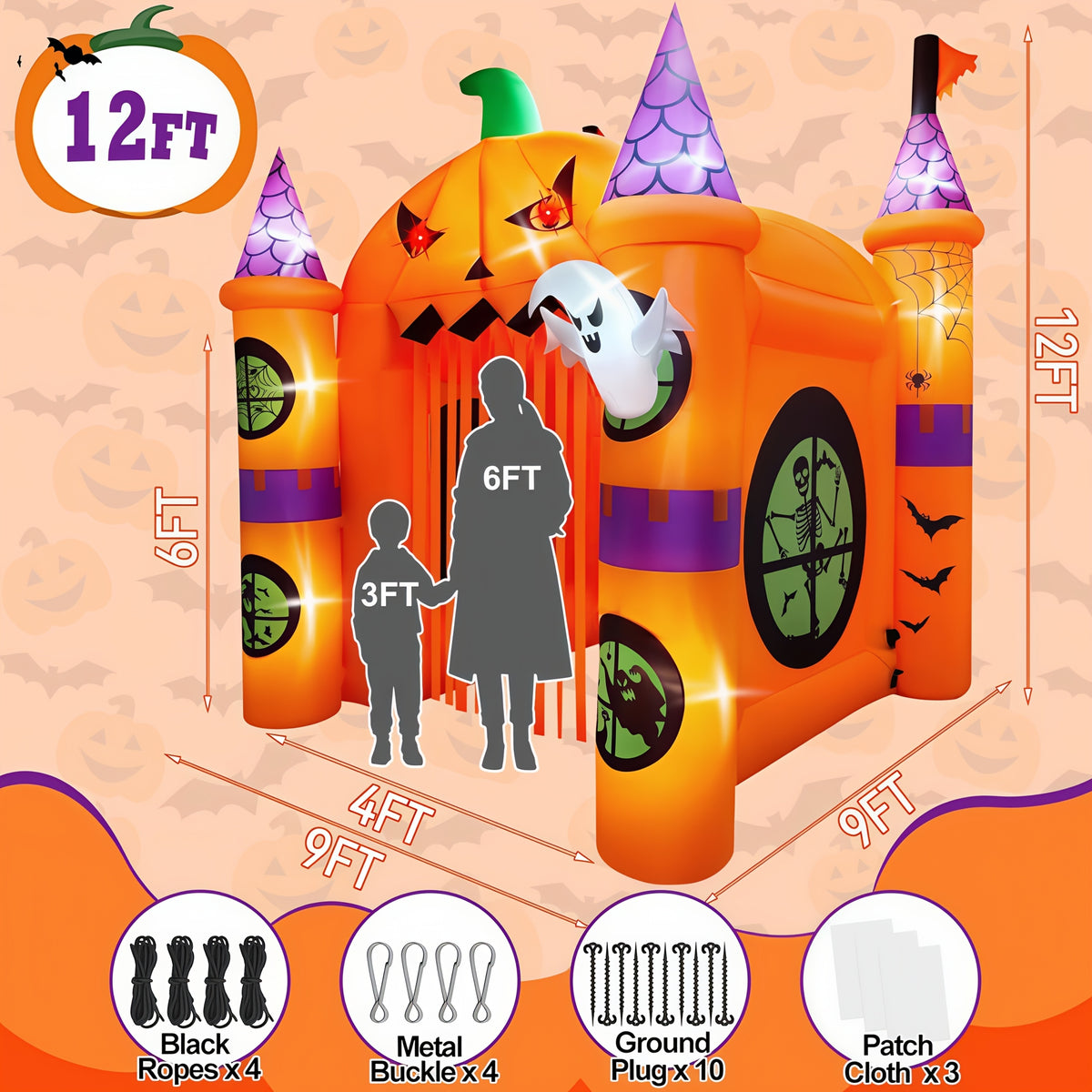 KALOARY Halloween Inflatable Archway 11-13 FT Blow-Up Arch in Witch, Ghost, Castle, Haunted House, Clown, Cemetery, Pumpkin Designs, Some with Built-In Lights, for Yard, Garden, Lawn, Indoor-Outdoor Halloween Party