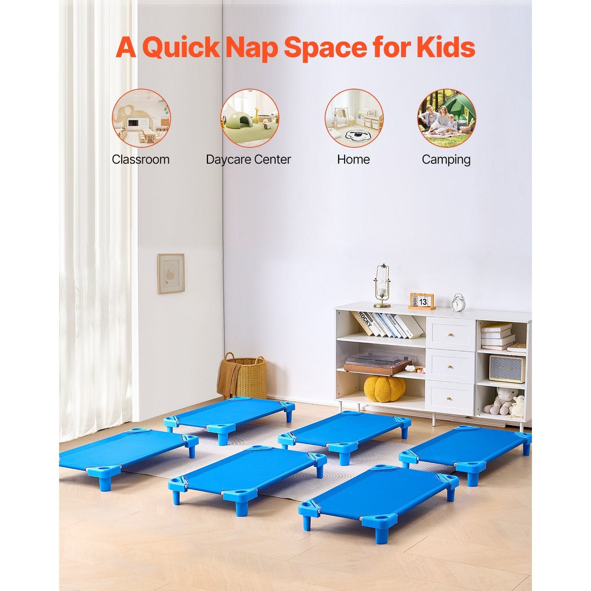 VEVOR Stackable Kiddie Cot, 6 Pack Portable Toddler Nap Cots, Standard Size 40" L x 23" W Daycare Cots for Kids, Preschool Classroom Daycare Beds for Sleeping, Resting, Naptime, Blue