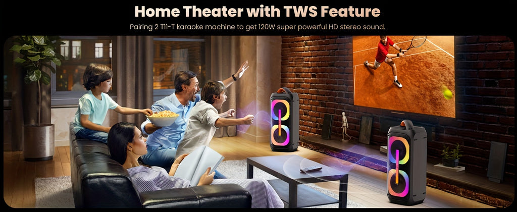 Large Karaoke Machine, Karaoke Speaker with 2 Wireless Microphones, Portable Speaker with Beat Light Show, Singing Machine Karaoke Home Speaker System with MIC Reverb, AUX Input, T11-T