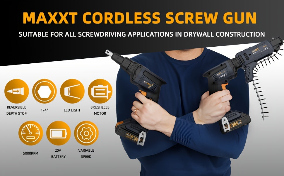 Drywall Screw Gun – MAXXT 20V Cordless Autofeed Screwdriver for Drywall Installation and Construction Projects