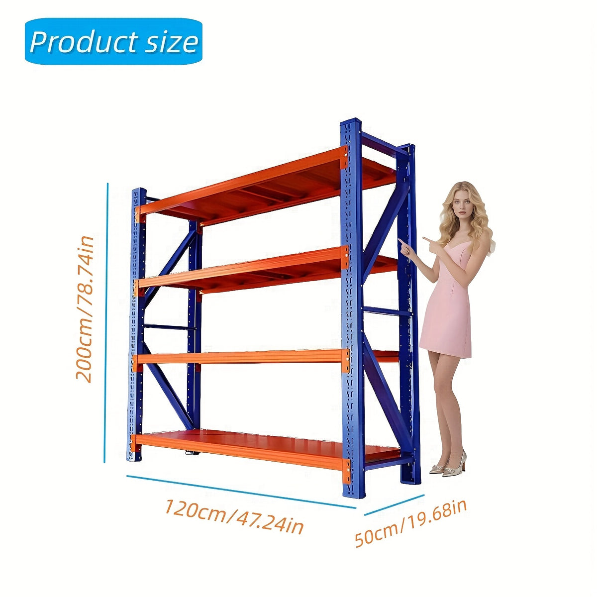 [4-Tier Garage Storage] Heavy-Duty Garage Shelving, 4-Tier Adjustable Garage Storage Metal Rack. For Home, Garage, Basement, And Laundry Room. Dimensions: 23.7" Deep X 59.1" Wide X 78.8" High. Color: Blue-Orange Storage And Organization