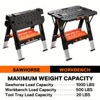Portable Folding Work Table Pony, 2-in-1 as Sawhorse & Workbench, Load Capacity 1000 lbs-Sawhorse & 500 lbs-Workbench, 31" W×25" D×25"-32"H, with 4pcs Clamps, 4pcs Bench Dogs, 2pcs Safety Straps