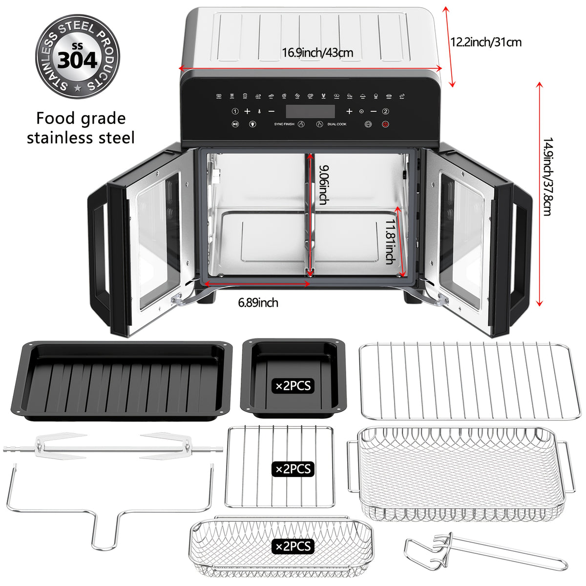 Air Fryer Toaster Oven Combo, 24 QT Fench Door Countertop Toaster Oven, 360 Degree Air Flow, 15 Cooking Functions, Digital Controls, 13 Accessories Included, Non-toxic Food Grade Stainless Steel