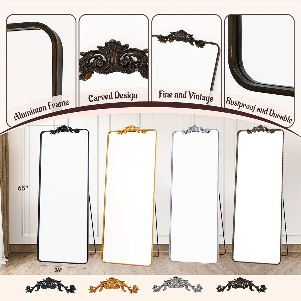 A Freestanding Full-Length Mirror Measuring 65 Inches by 24 Inches, Featuring a Carved Metal Frame, Suitable for Use in The Living Room. It Can Be Mounted Standing, Hanging, Or Leaning, And Boasts a Luxurious Design
