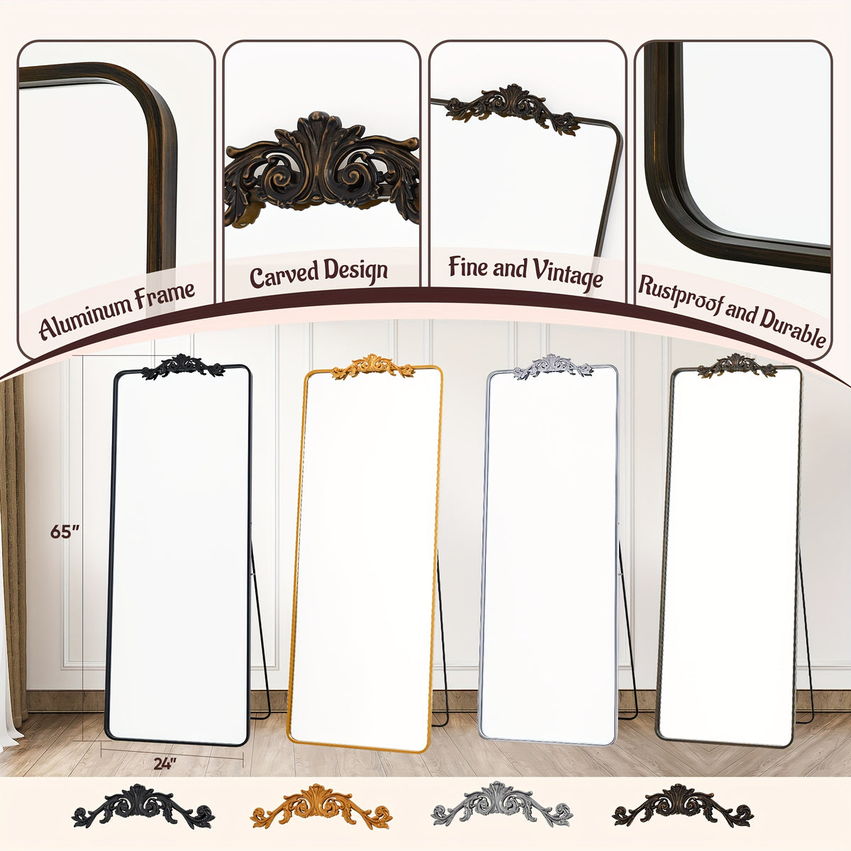 A Freestanding Full-Length Mirror Measuring 65 Inches by 24 Inches, Featuring a Carved Metal Frame, Suitable for Use in The Living Room. It Can Be Mounted Standing, Hanging, Or Leaning, And Boasts a Luxurious Design