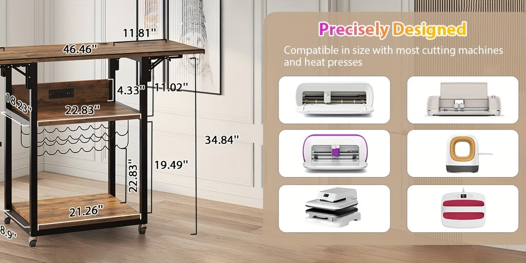 Foldable Heat Press Table, 3 Tier Movable Heat Press Stand With Vinyl Roll Holder, Heavy Duty Metal Shelf Cart For DIY Sublimation Transfer Machine And Printer, Brown