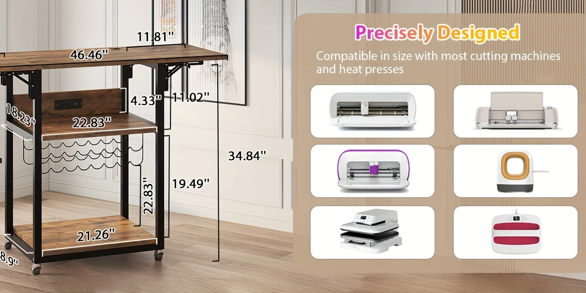 Foldable Heat Press Table, 3 Tier Movable Heat Press Stand With Vinyl Roll Holder, Heavy Duty Metal Shelf Cart For DIY Sublimation Transfer Machine And Printer, Brown