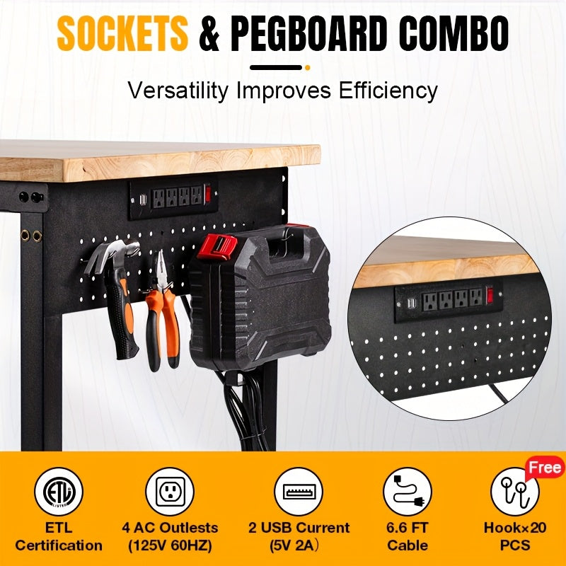 MUWOOD 48" 60" 96" Adjustable Workbench with Power Outlet, Heavy Duty Garage Table, 2000/5000 LBS Load, Pegboard & Thick Rubber Wood Top, Height Adjustable 28"-40" for Workshop, Home, Office