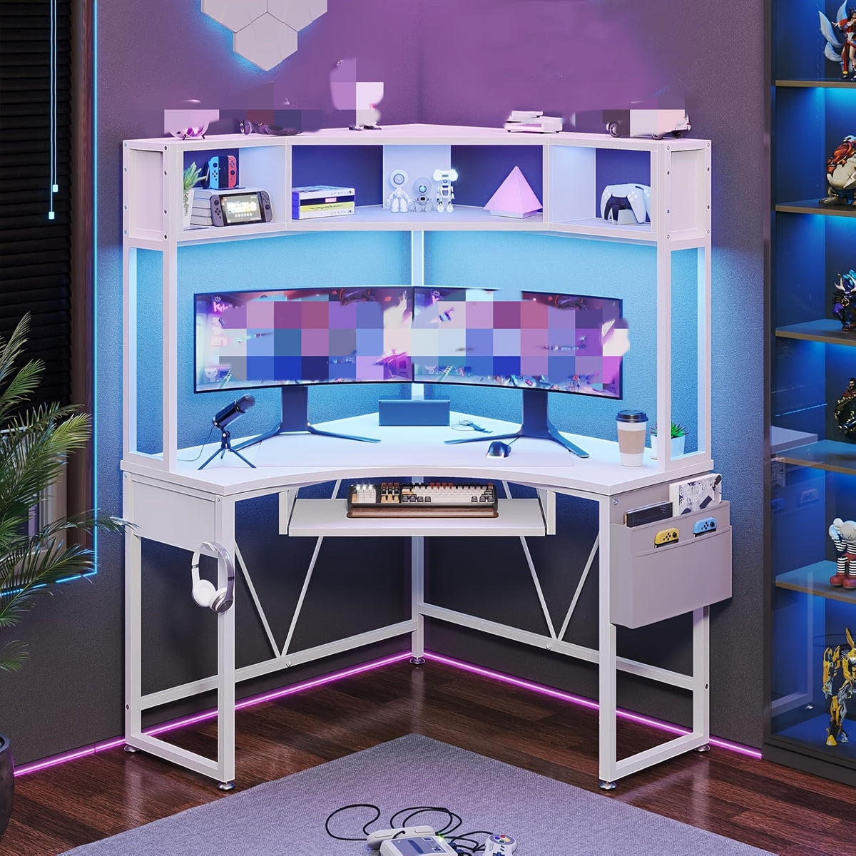 Small Office Desk with LED Lights, Triangle Corner Computer Desk with Storage Bag and Headphone Hook