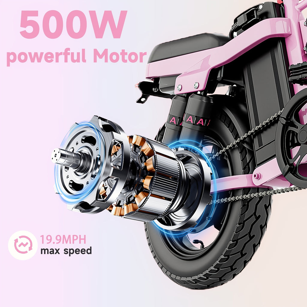 Hisent G11&F9 Folding Electric Bike | Dual Suspension System | Upgraded Frame | 12-35 Miles Range (Optional) | Features Dual Seat, LED Headlight, Disc Brakes, 14-Inch Tires, 500W High-Power Motor, Top Speed Of 19.9 Mph