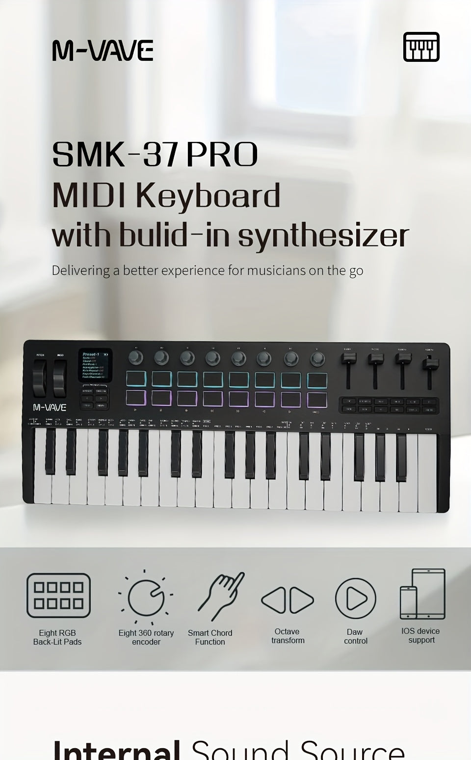 M-VAVE SMK37PRO Professional MIDI Keyboard, 37-Key Wireless Wireless Music Arrangement And Production Synthesizer