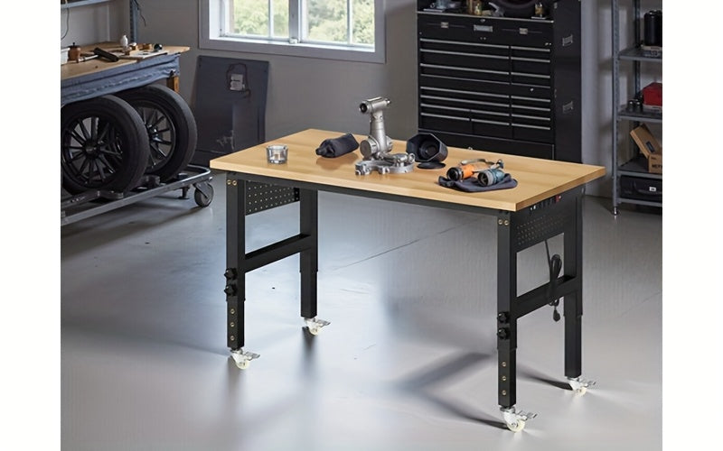 96"84"72"60"48"Adjustable Height Workbench with Power Outlet & Pegboard, 28"-40"Height Heavy Duty Solid Wood Work Table with 2000 to 5000 LBS Load Capacity for Garage, Shop, Office, Home