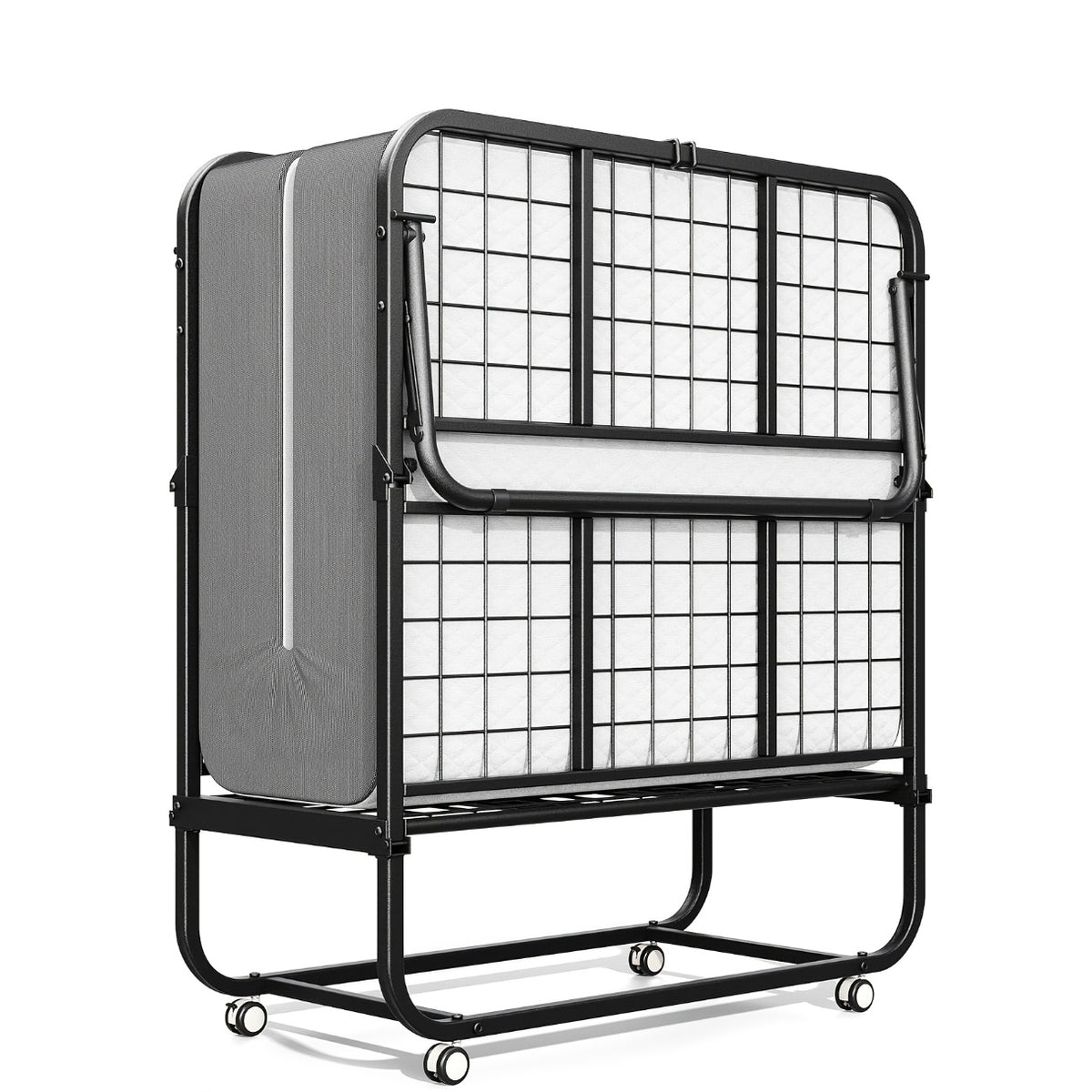 Compact & Durable 4-Section Folding Bed with Grey Fabric Cover - Sturdy Metal Frame, 75" x 31", Portable Roll-Away Design for Adults, Ideal for Guests, Students, Camping & Small Apartments, Garden Houses
