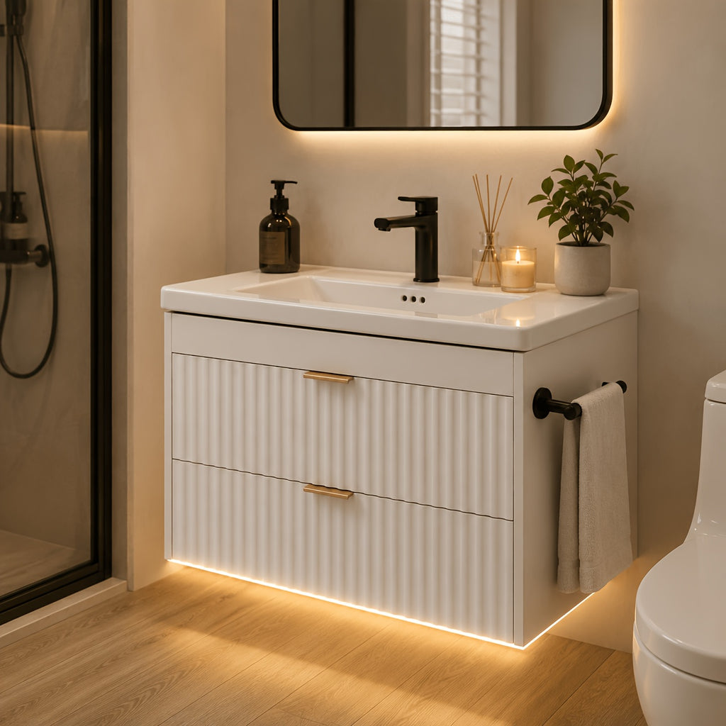 24" Wall Mount Floating Bathroom Vanity with LED Lighting, 3-Hole Ceramic Sink Included, Wave Fluted Textured Cabinet Door, 2 Soft Close Drawers, Modern Suspended Bathroom Vanity Cabinet for Small Bathrooms, Black & White Optional