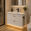 24" Wall Mount Floating Bathroom Vanity with LED Lighting, 3-Hole Ceramic Sink Included, Wave Fluted Textured Cabinet Door, 2 Soft Close Drawers, Modern Suspended Bathroom Vanity Cabinet for Small Bathrooms, Black & White Optional
