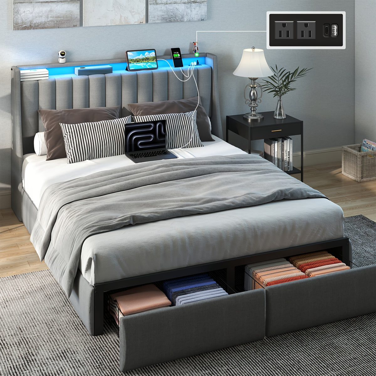 Full Queen King Bed Frame with 2 Storage Drawers And Luxury Wingback Upholstered Button Tufted Storage Headboard, Charging Station, Storage Headboard & LED Lights, Noise-Free-Dark Gray