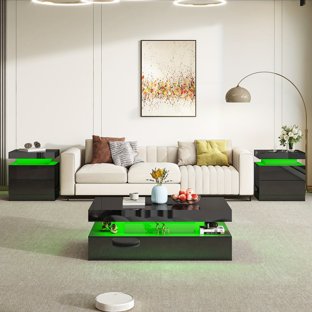 High Gloss 3pcs Living Room Table Set, Modern LED Coffee Table Sets Of 3, 2-Tier Center Table with 2 End Side Tables, LED Lights Bedside Table Nightstands with Charging Station