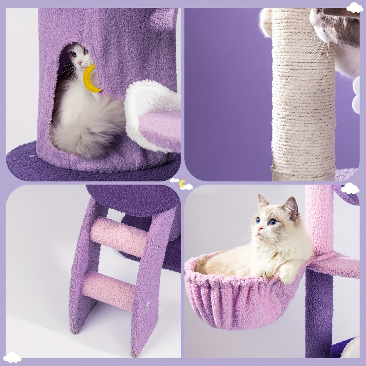 65in Cat Tree Cute for Indoor Cats Pink Moon Cat Tree Tower with Scratching Post, Hammock And Condo Large Tall Cat Tree for Kittens Cats