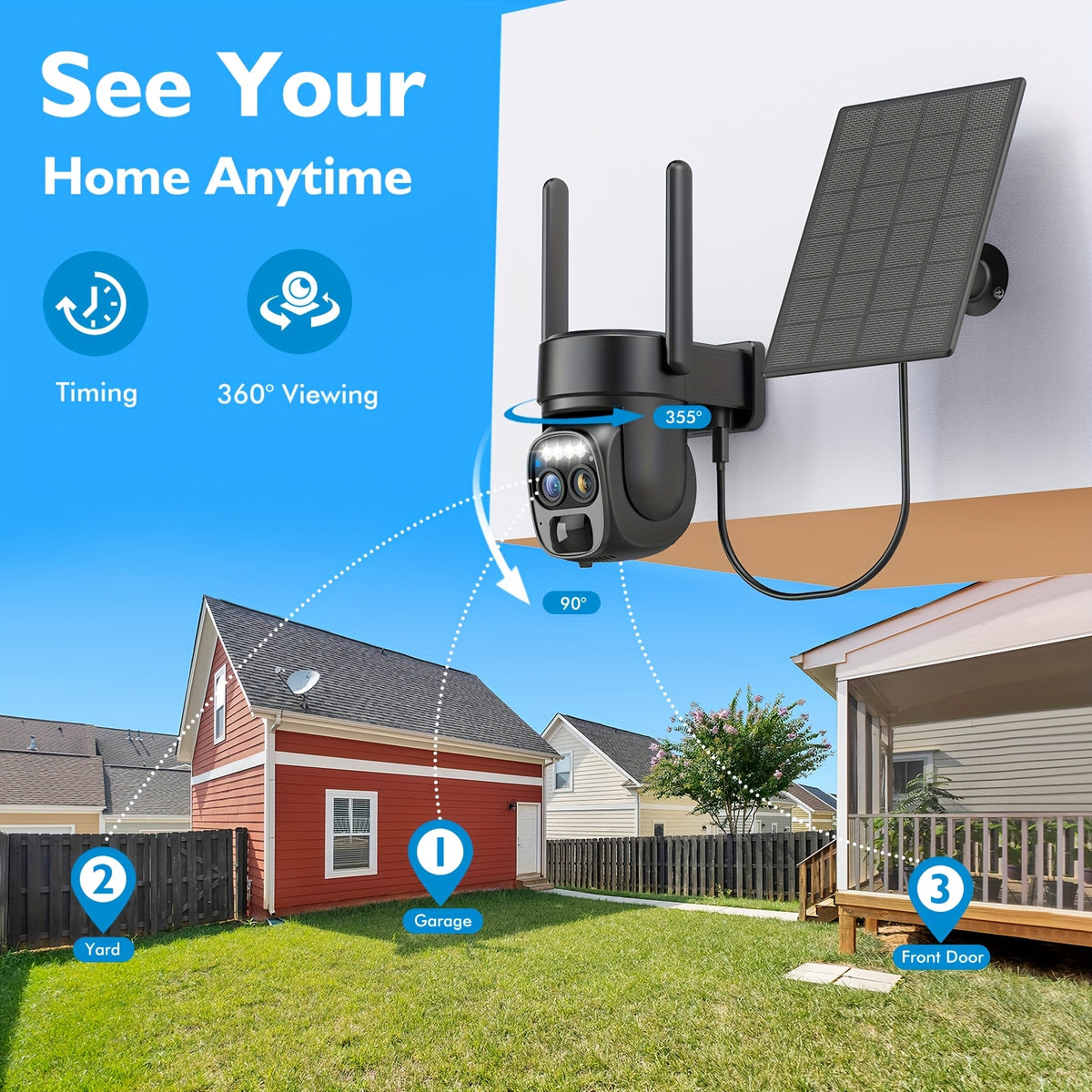 6pcs [10X Zoom] 360-Degree Low-Power Solar Panel Battery 2K FHD Wifi with Spotlight Alarm, Motion Detection, Color Night Vision, Two-Way Audio And