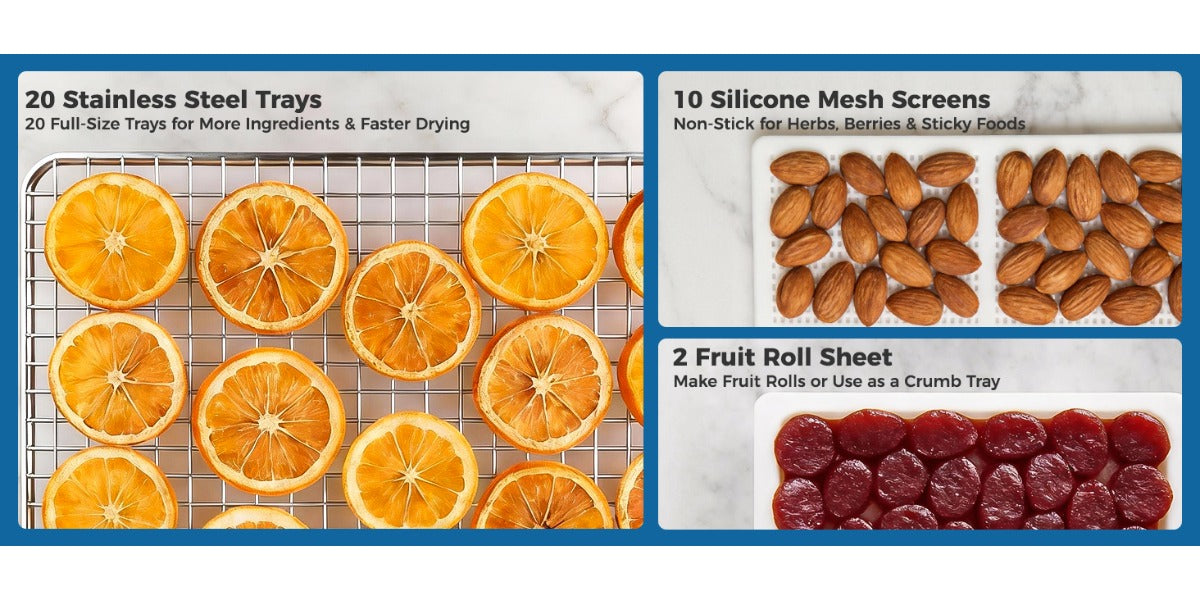 Dual Zone Food Dehydrator, 20 Stainless Steel Trays, 1300W Dual Layer Food Dryer with Recipe, 180°F Adjustable Temp, 48H Digital Timer, 10 Presets for Jerky, Meat, Fruit, Herbs