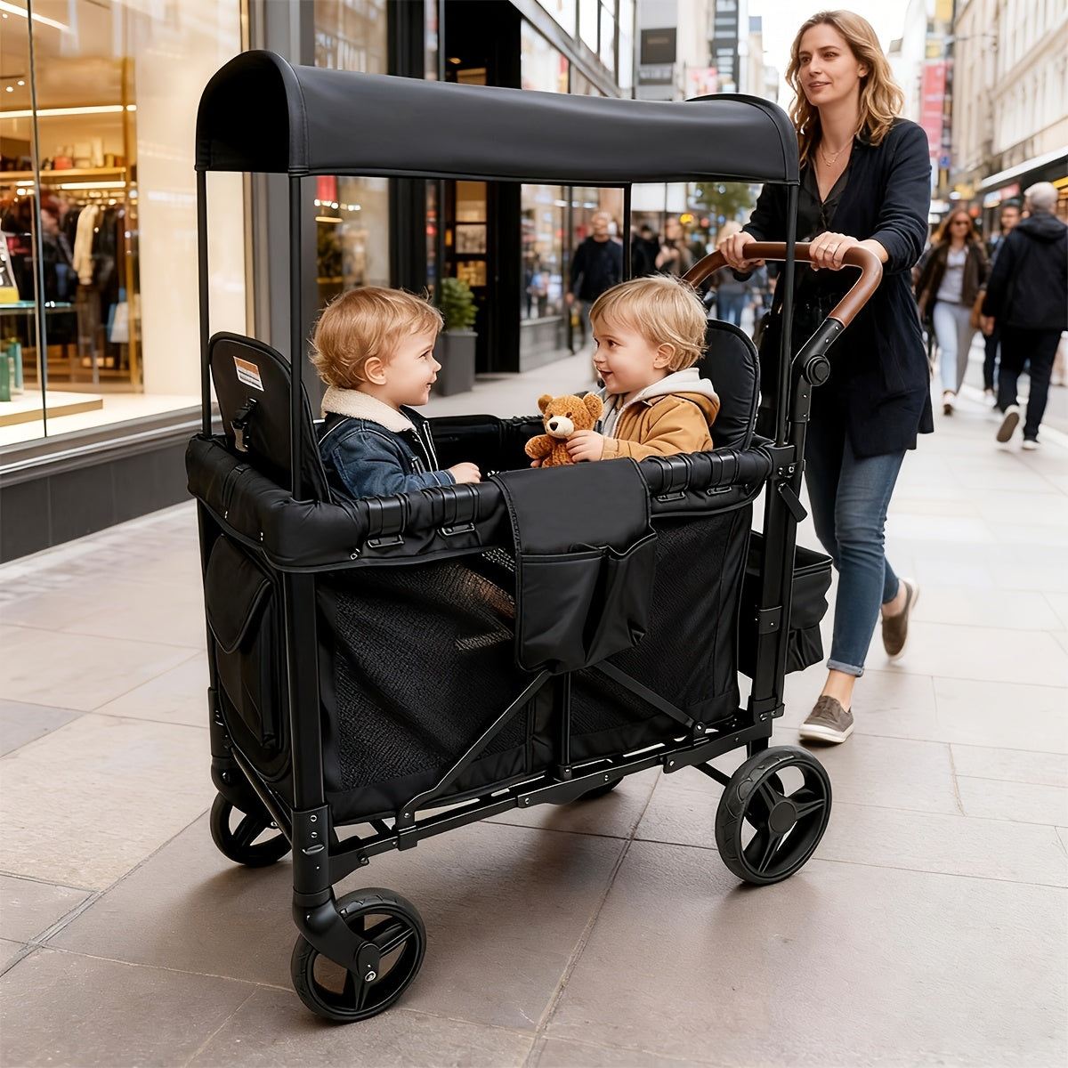 All-Terrain Stroller Wagon for 2 Kids (Available In Gray & Black) | Heavy-Duty Foldable Cart with Canopy, Snack Tray & 5-Point Harness | for Beach, Park, Family Adventures