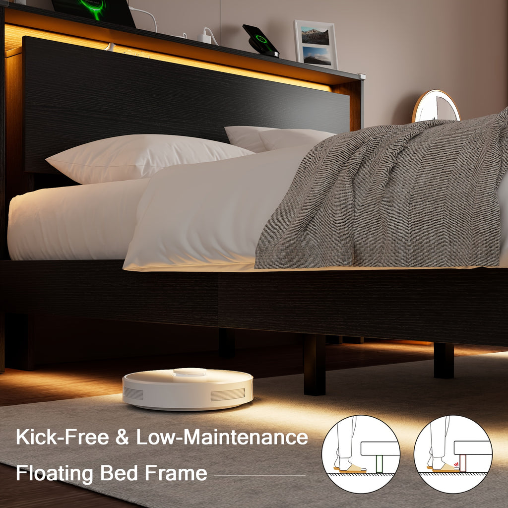 Floating Bed Frame with LED Lights & Charging Station, Heavy Duty Metal Support Frame, Easy Assembly, Bed Frame Without Mattres