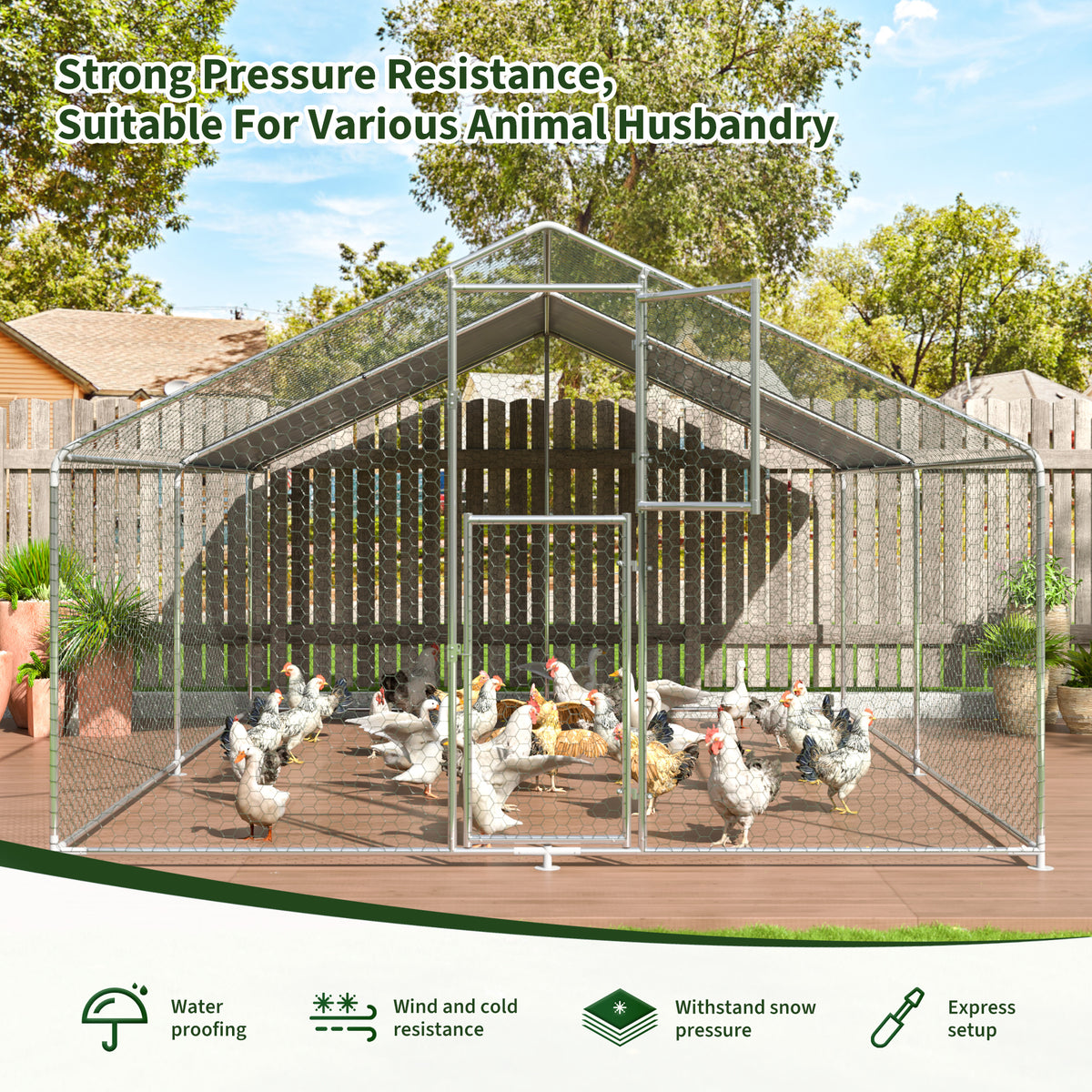 Walk-In Chicken Run with Feeding Port and UV-Resistant Cover, Galvanized Outdoor Poultry Enclosure