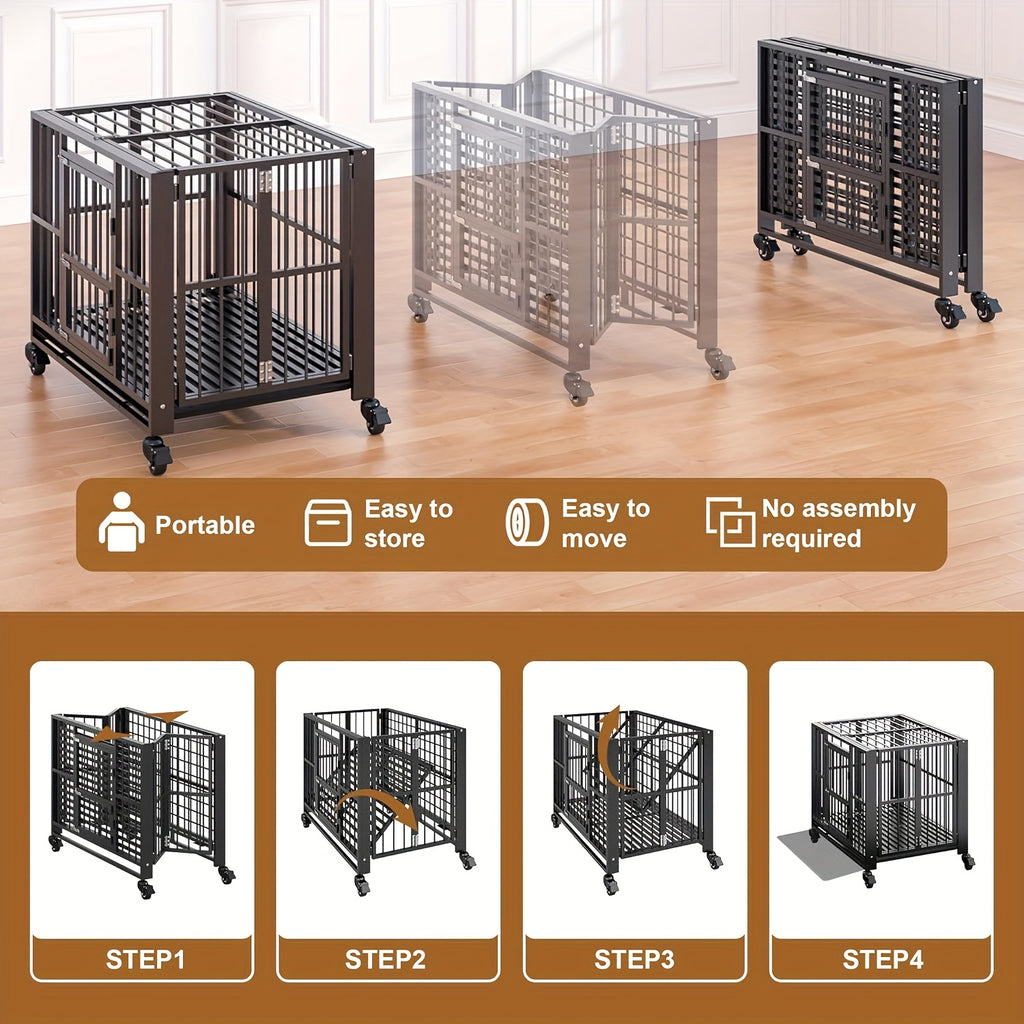 Polar Aurora Heavy Duty Dog Crate, Foldable Indestructible Dog Kennel, Escape Proof Extra Large Dog Cage With Lockable Wheels, High Anxiety Pet Playpen With Double Door For Indoor/Outdoor Use.