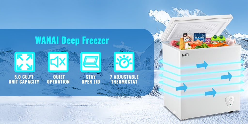 WANAI Small Deep Freezer, 3.5/5.0 Cubic Feet Chest Freezer with Adjustable Temperature, Top Open Door, Removable Storage Basket for Home, Kitchen, Office, Home And Apartment, White