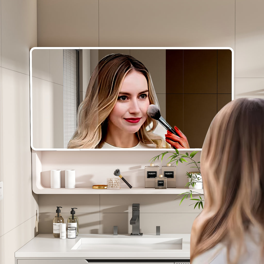 Legend Stone 35"x 28" Aluminum Bathroom Mirror Cabinet with Smart LED Lighting And Defogging, Wall-Mounted Vanity Mirror with Cosmetic Storage Rack And Hair Dryer Holder, Khaki