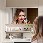 Legend Stone 35"x 28" Aluminum Bathroom Mirror Cabinet with Smart LED Lighting And Defogging, Wall-Mounted Vanity Mirror with Cosmetic Storage Rack And Hair Dryer Holder, Khaki