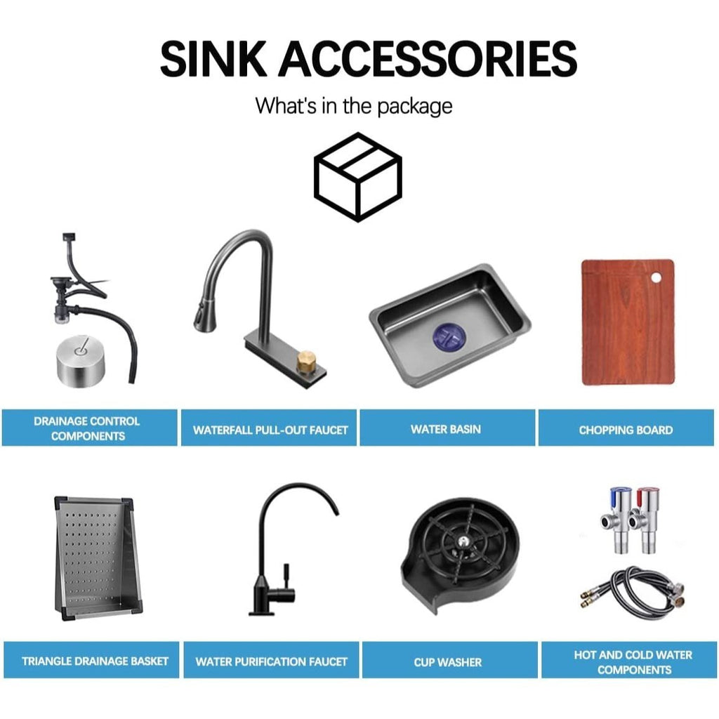 33x22 INCH Nano Black Flying Rain Drop In Stainless Steel Watefall Kitchen Sink Single Bowl with Pull Down Faucet Set Accessories Included