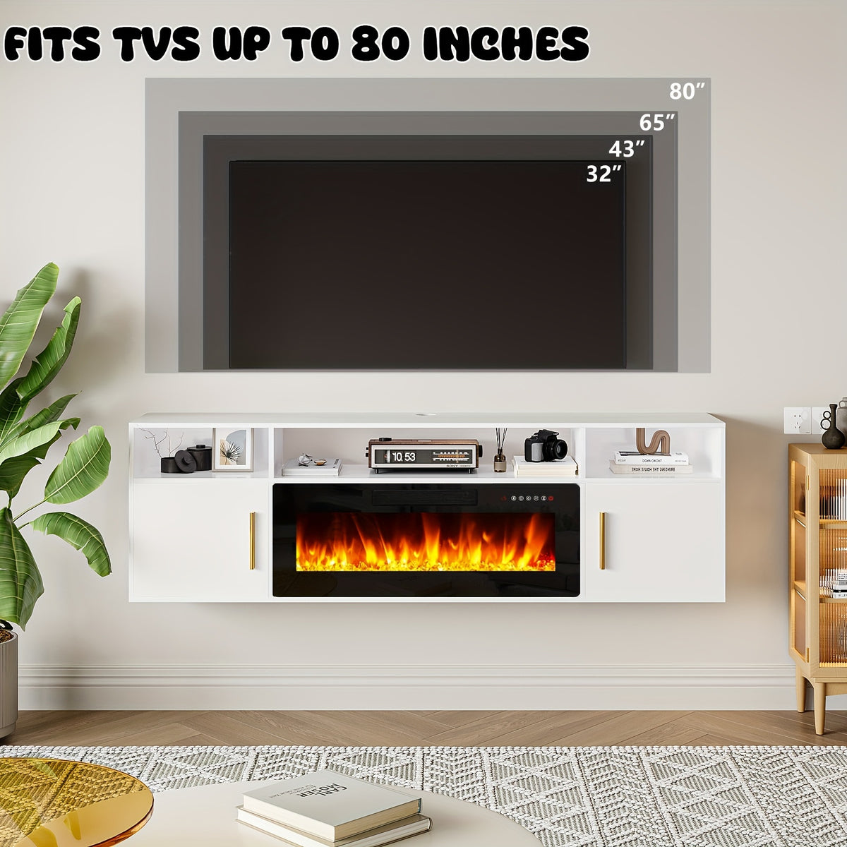 Floating Fireplace TV Stand 70'' Wall Mounted Shelf, LED Light Entertainment Center And Storage, Modern Wood Media TV Console with Highlight Cabinet for Living Room