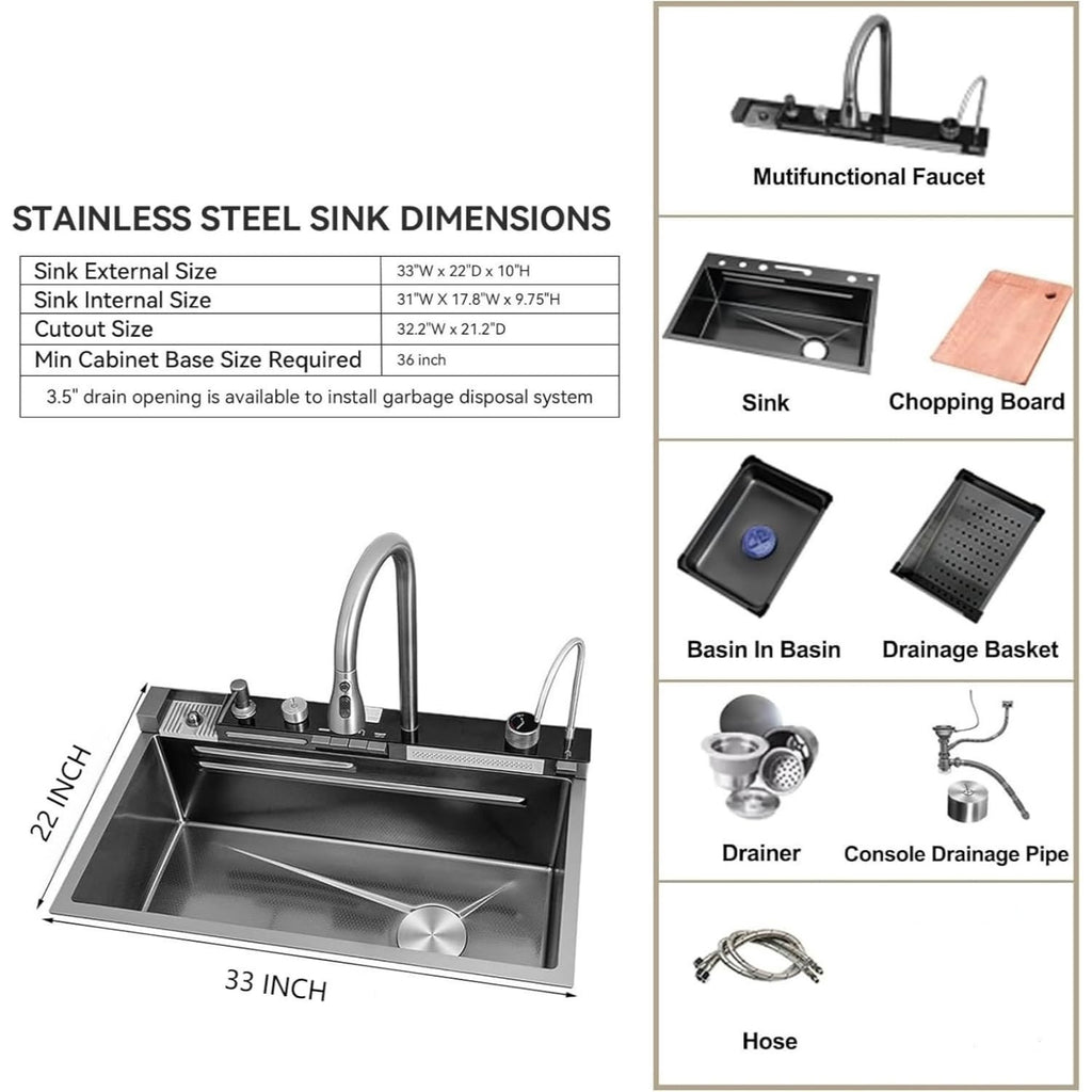 BRONCHO 33X22 INCH Two Waterfalls Nano Kitchen Sink, Stainless Steel Smart Kitchen Sinks, Multifunctional Workstation Kitchen Sink with Digital Display Pull-Out Faucet and Accessories