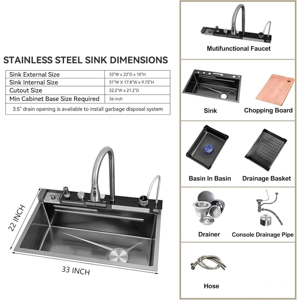 BRONCHO 33X22 INCH Two Waterfalls Nano Kitchen Sink, Stainless Steel Smart Kitchen Sinks, Multifunctional Workstation Kitchen Sink with Digital Display Pull-Out Faucet and Accessories