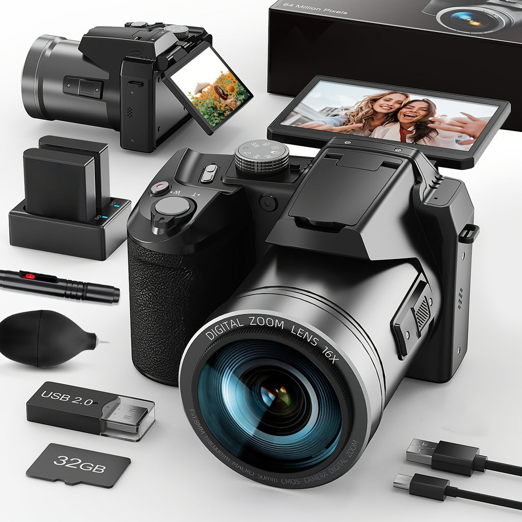 NBD 64MP Digital Camera Designed for Photography And Videography, Featuring a 4K Vlogging Capability with a 3-Inch Flip Screen, 16X Digital Zoom, Wifi And Autofocus, Along with a Camera Strap, Tripod, Two Batteries, And a 32GB TF Card