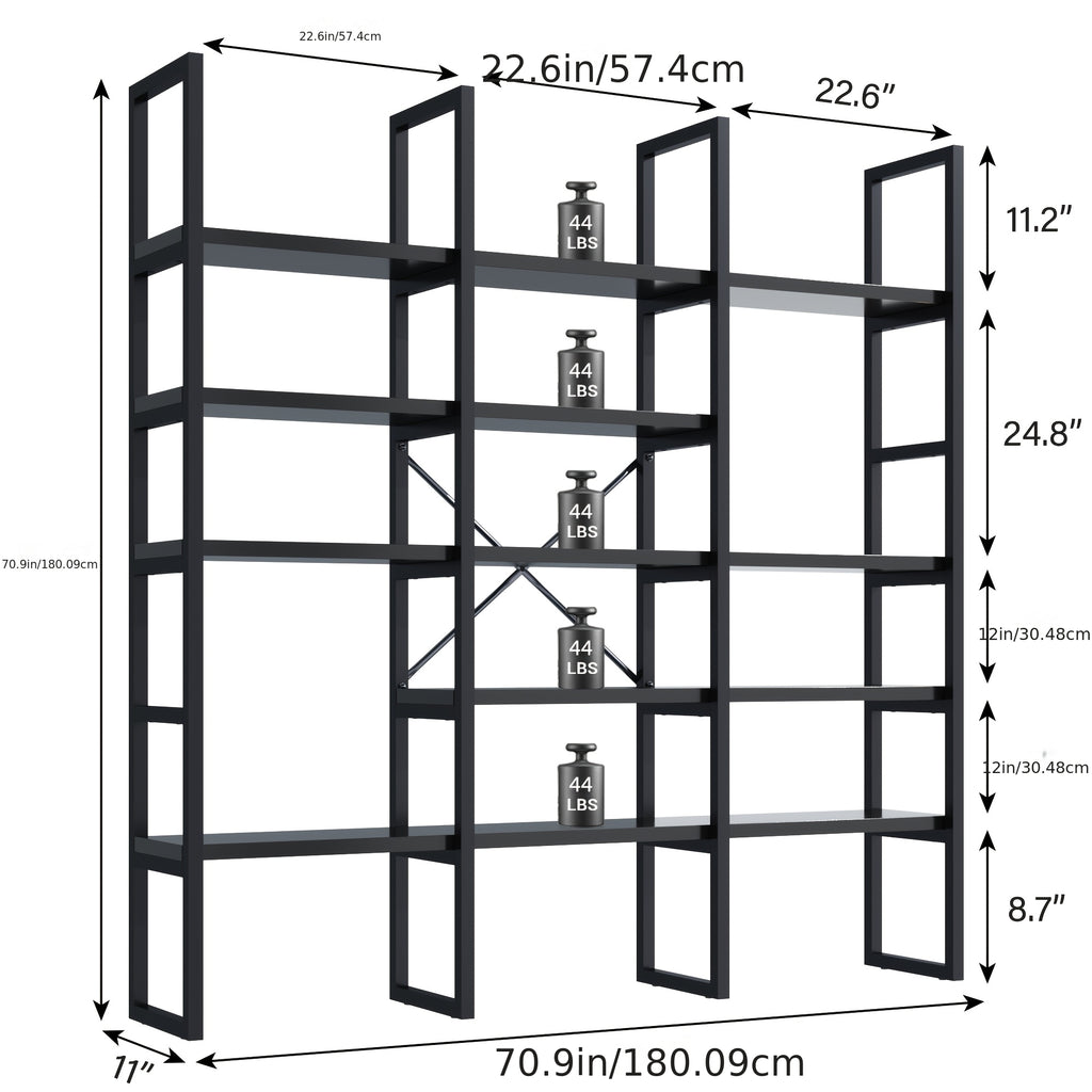 Industrial Bookcase, 71-Inch 5-Tier Triple-Wide Geometric Display Shelf for Home or Office