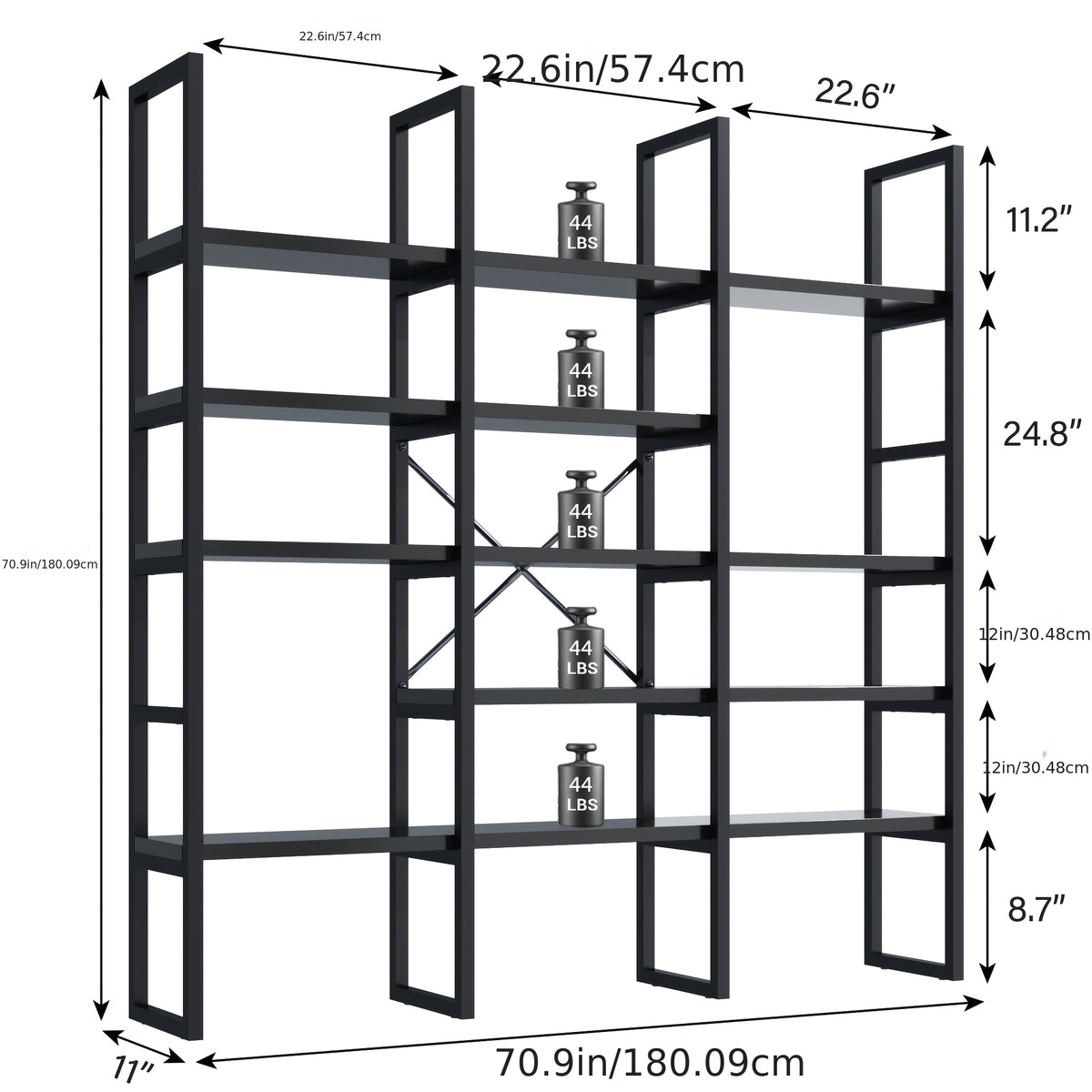 71" Industrial Bookcase - 5-Tier Triple Wide Geometric Shelf, Sturdy Metal Frame, Freestanding Display Unit for Home & Office