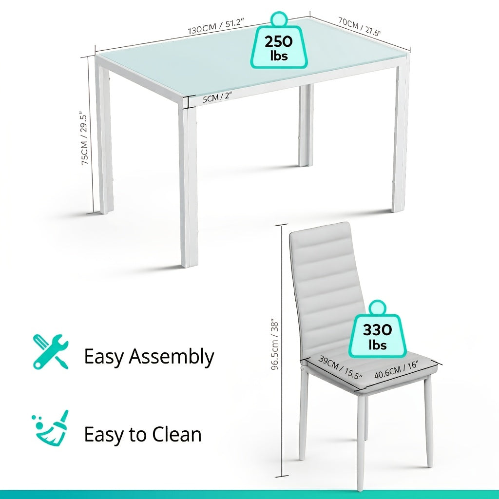 Modern 7pcs Glass Dining Table Set: 51" Rectangular Kitchen Table with 6 Ergonomic PU Leather Chairs for Dining Room & Living Room