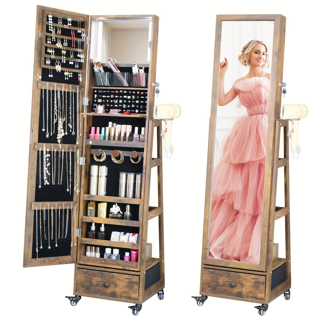 Mirror with Storage Jewelry Cabinet Standing Lockable Jewelry Organizer with Full-Length Mirror Storage Shelves Interior LED Mirror Jewelry Armoire with Wheels Hair Dryer Holder Christmas Gift, Jewelry Armoires