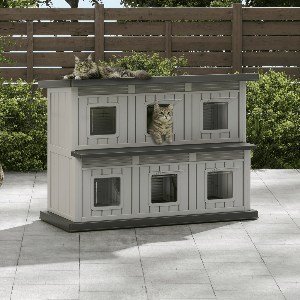 Double-Layer Stray Cat House - 2-Story Outdoor/ Cat Shelter with Large Cozy Space, Multiple Small Windows for Ventilation, Easy Assembly Solid Structure, Gray-Black for stray & feral cats (No Required)